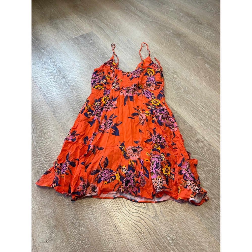 Free People Floral Sun Dress Orange Pink Mini Ruched Smocked Back Size L - Picture 4 of 5